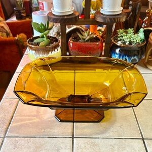 Vintage Amber Glass Footed Serving Bowl